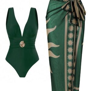 Chic Emerald One-Piece Swimsuit with Sarong